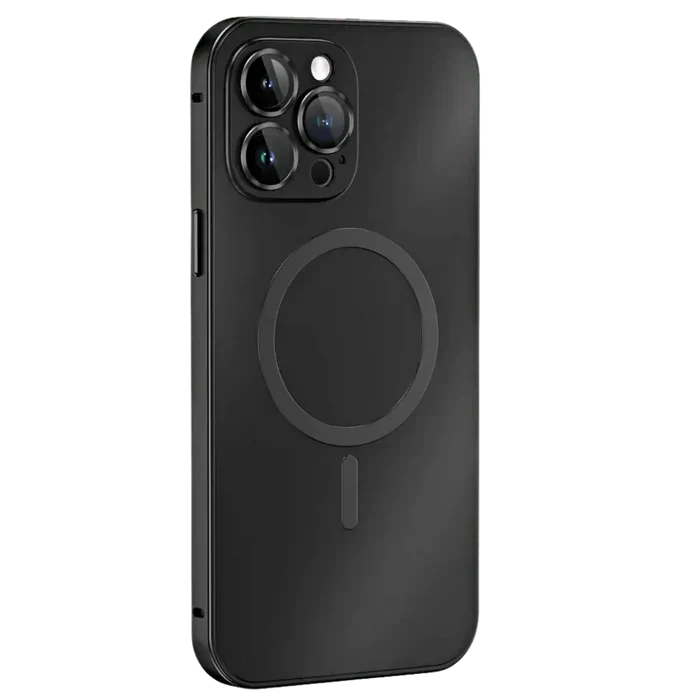 Angled view of a metal MagSafe iPhone case, highlighting camera protection and precise cutouts