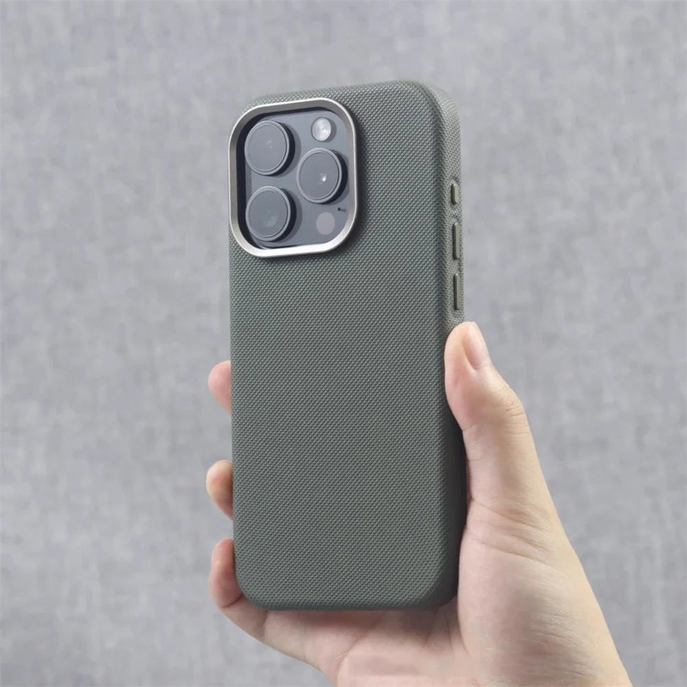 Hand holding a slim iPhone protective cover, showcasing its non-slip secure grip and elegant design.