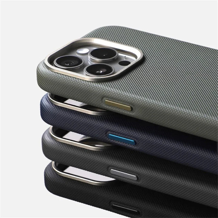 Back view of a black slim iPhone protective case, highlighting Magsafe compatibility and secure non-slip texture.
