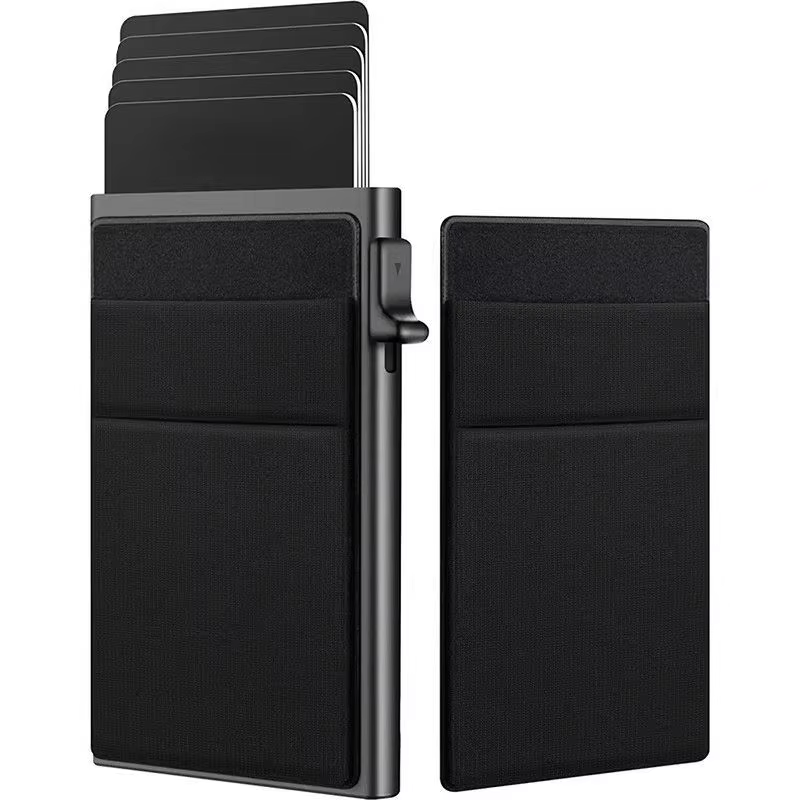 Slim RFID blocking credit card holder, silver metal, minimalist design for men