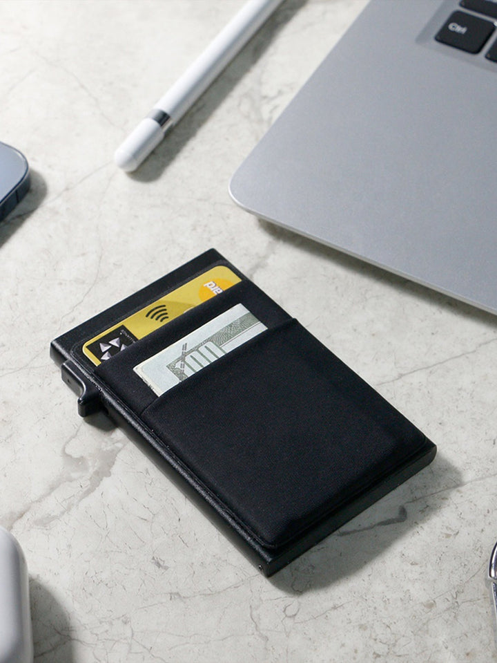 Metal credit card holder, black, with smart RFID blocking for enhanced security
