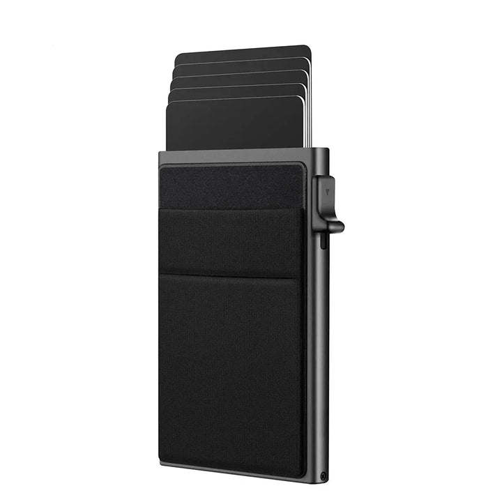 Secure metal wallet for men, showcasing its capacity to hold multiple cards
