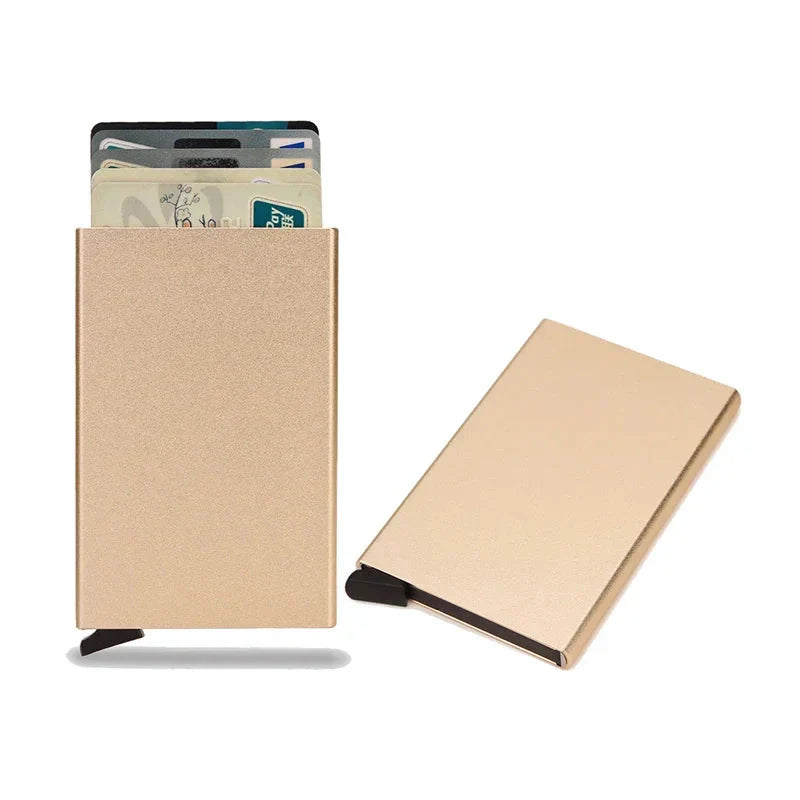 Men's card protector wallet, metal finish, emphasizing its RFID security features