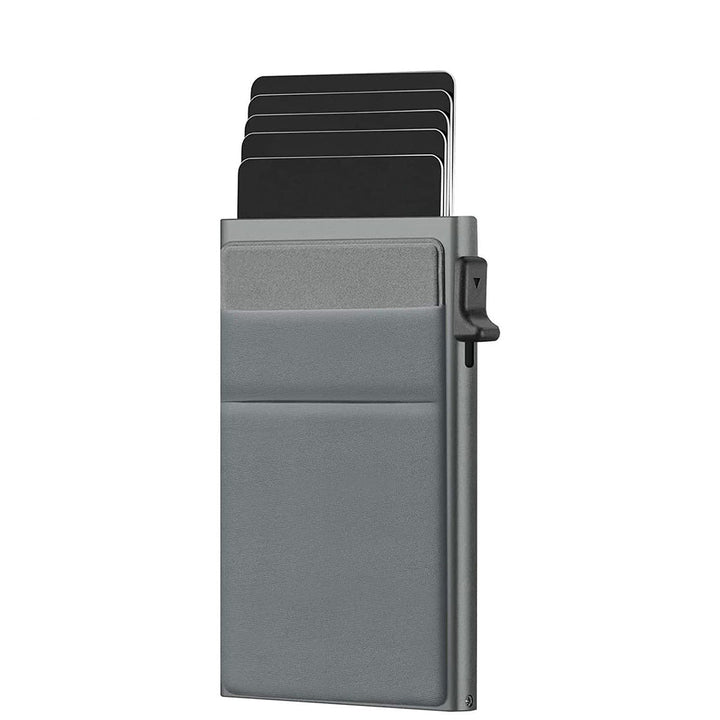 Close-up of a men's RFID blocking credit card holder, brushed metal texture