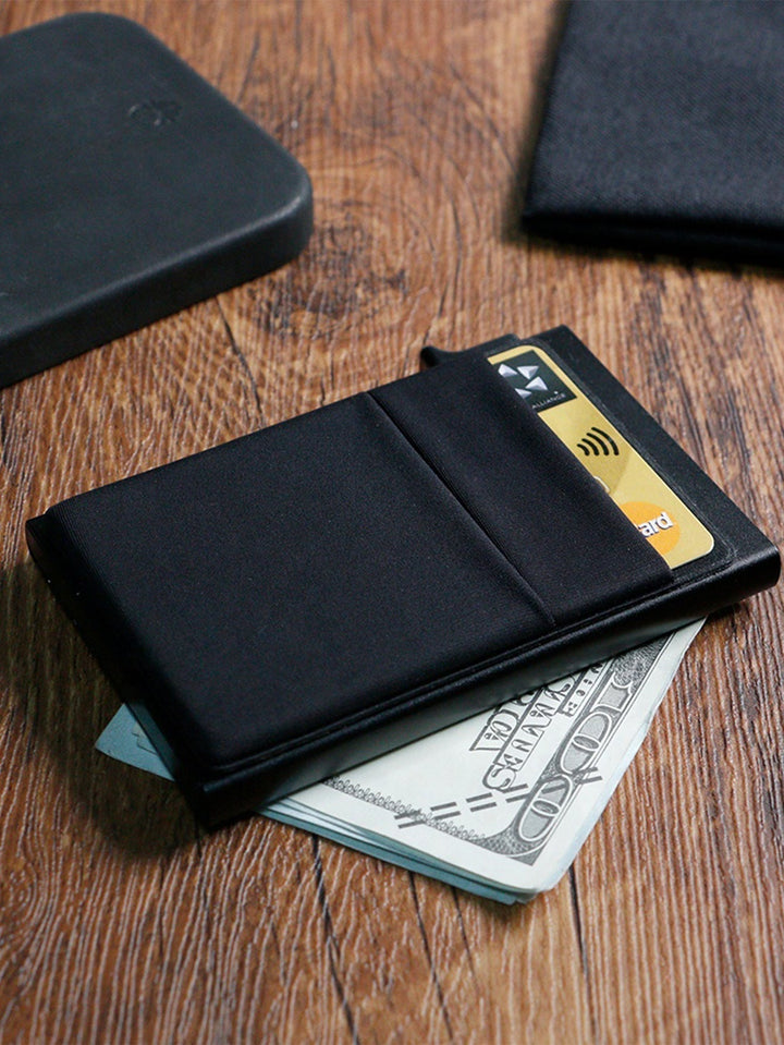 Silver RFID wallet, minimalist design, showcasing its card capacity for men
