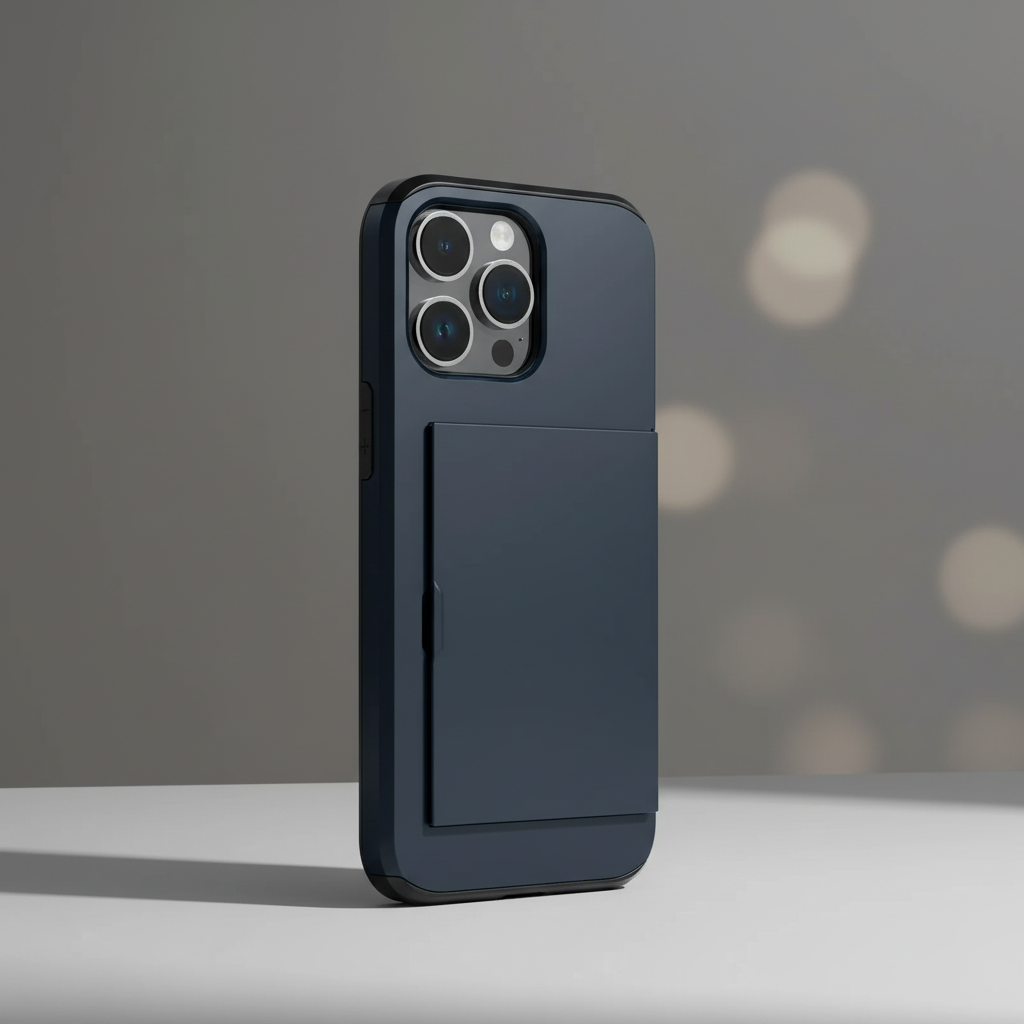 Slim shockproof iPhone case, black, with card holder. Wireless charging compatible.