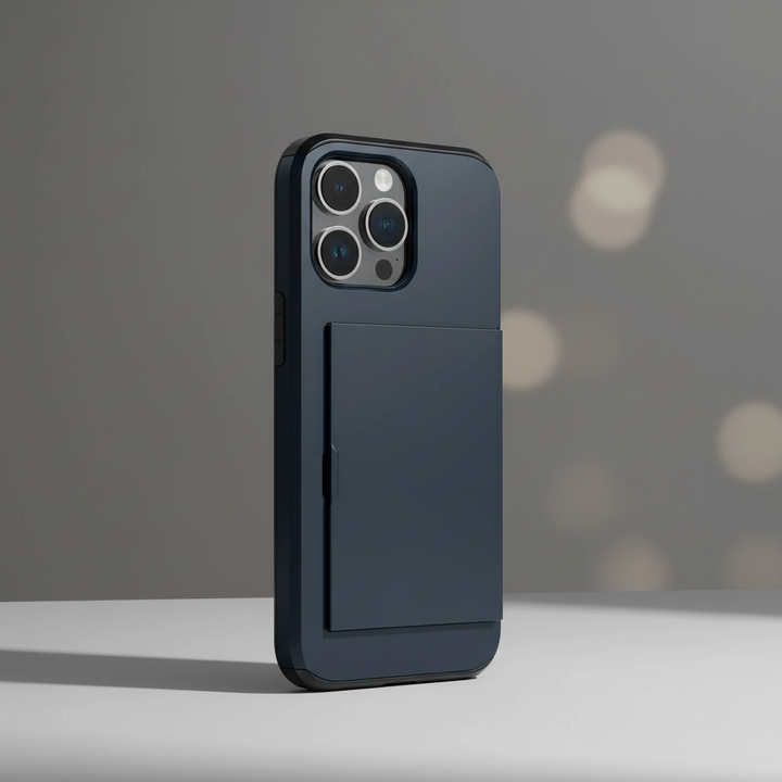 Slim shockproof iPhone case, black, with card holder. Wireless charging compatible.