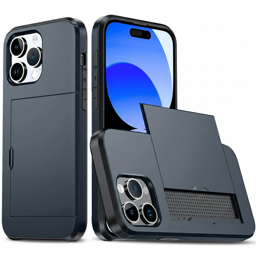 Protective iPhone wallet case, gray, CardaShield. Holds cards, access to ports.