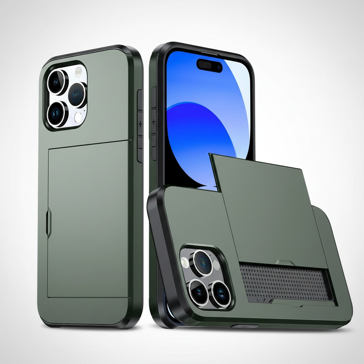 Black CardaShield iPhone case, shockproof, with card holder. Wireless charging friendly.
