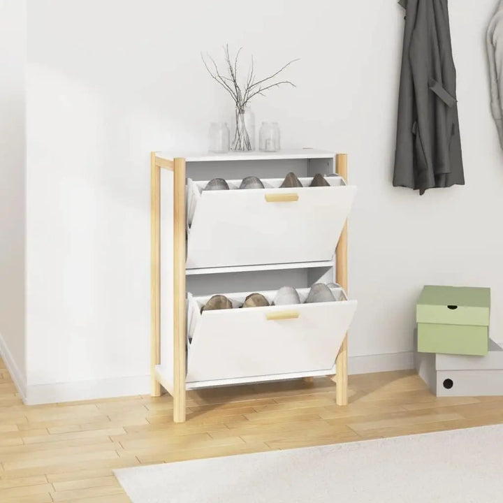 Space-saving 80cm tall slim shoe cabinet. White entryway organizer with doors for dust-free storage.