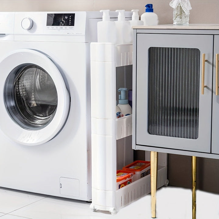 Space-saving SlimGlide rolling cart, a narrow plastic organizer with wheels for tight spaces & home storage.