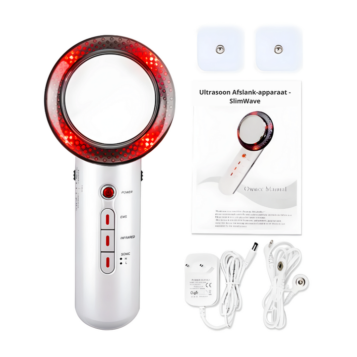Compact SlimWave home beauty tech: ultrasonic slimming device for personal care and fat reduction.