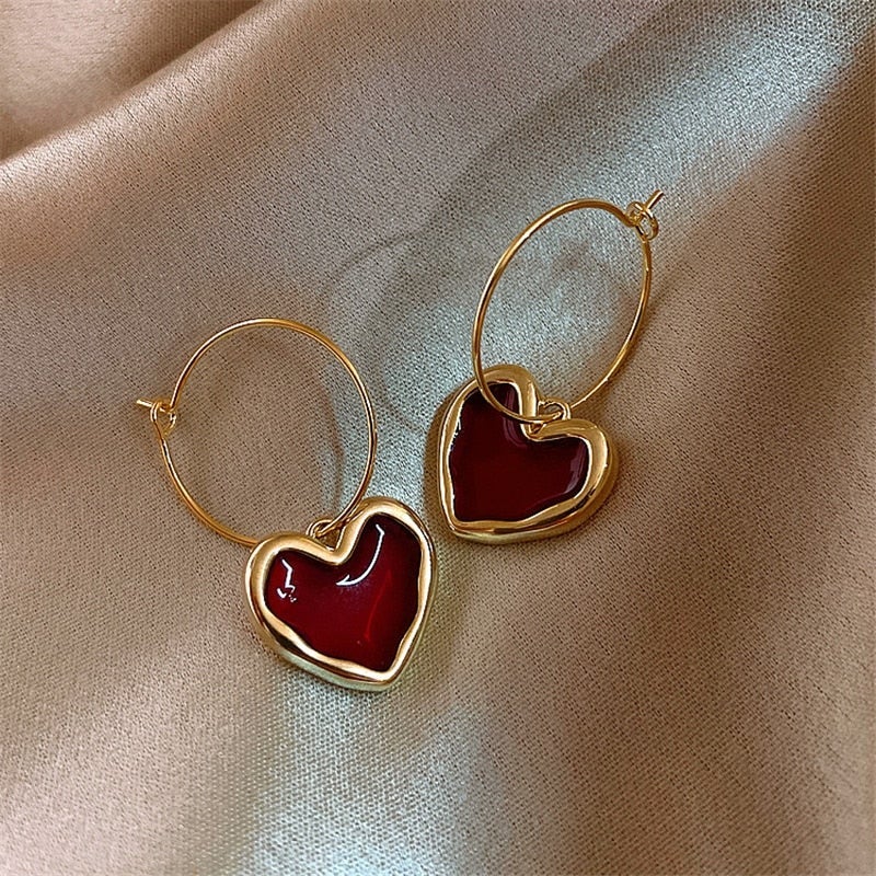 Small red heart earrings, women's delicate plated silver jewelry, romantic fashion accessory.