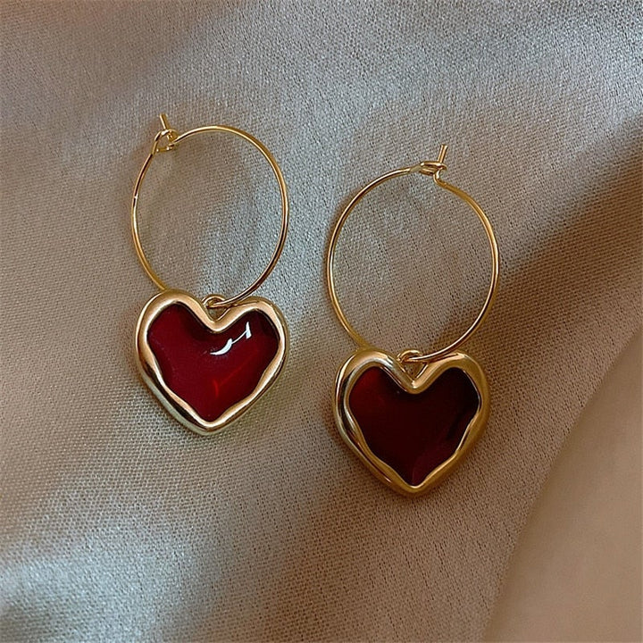 Women's red heart earrings, plated silver, perfect romantic gift for her, delicate fashion accessory.