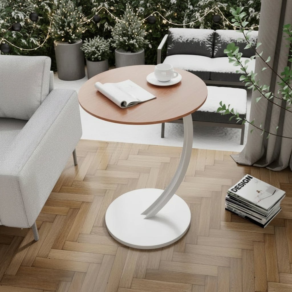 SMALLIX round side table used as a nightstand, adding modern compact design to any bedroom.