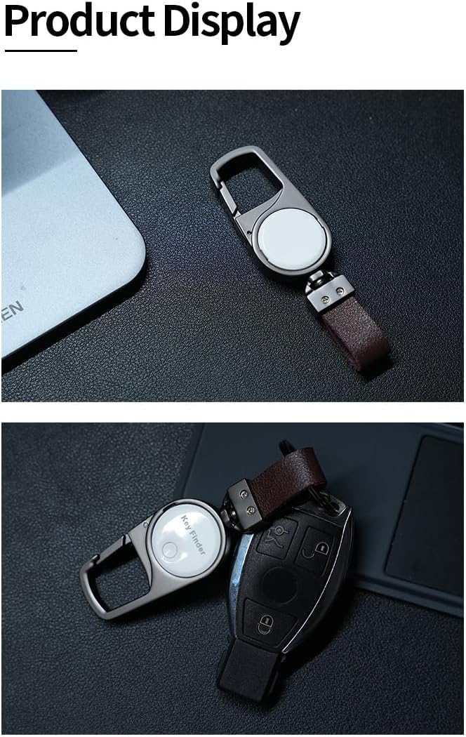 Zeyora anti-lost gadget with Find My integration, next to a smartphone screen display