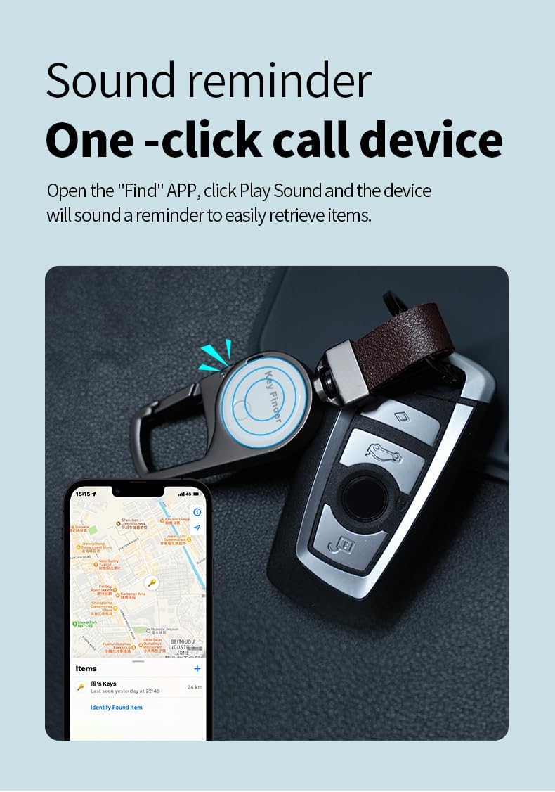 Smart tracker keychain, a personal safety device working with Apple Find My ecosystem
