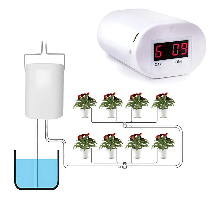 Automated drip irrigation system ensures perfect hydration for indoor and outdoor plants.