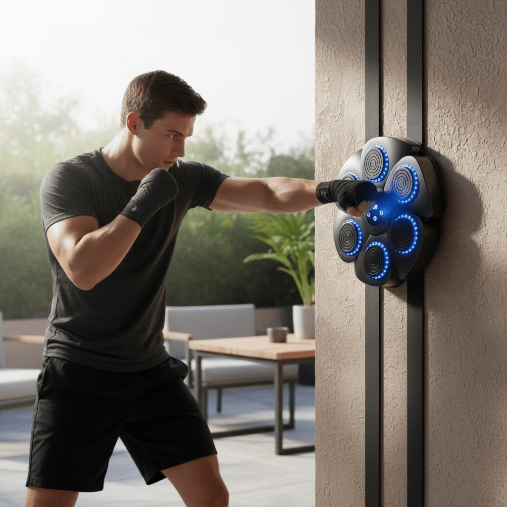 Interactive smart boxing machine for fitness training, featuring Bluetooth music & vibrant RGB lights.