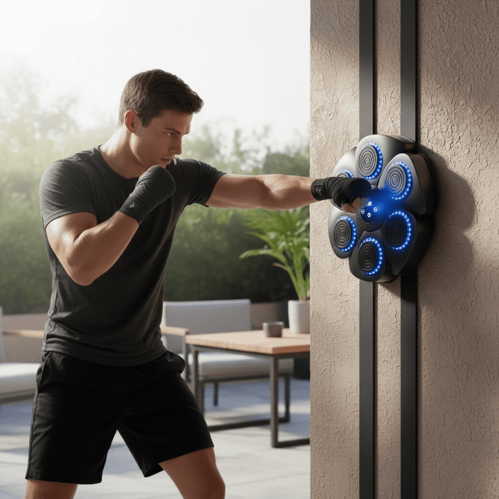 Interactive smart boxing machine for fitness training, featuring Bluetooth music & vibrant RGB lights.