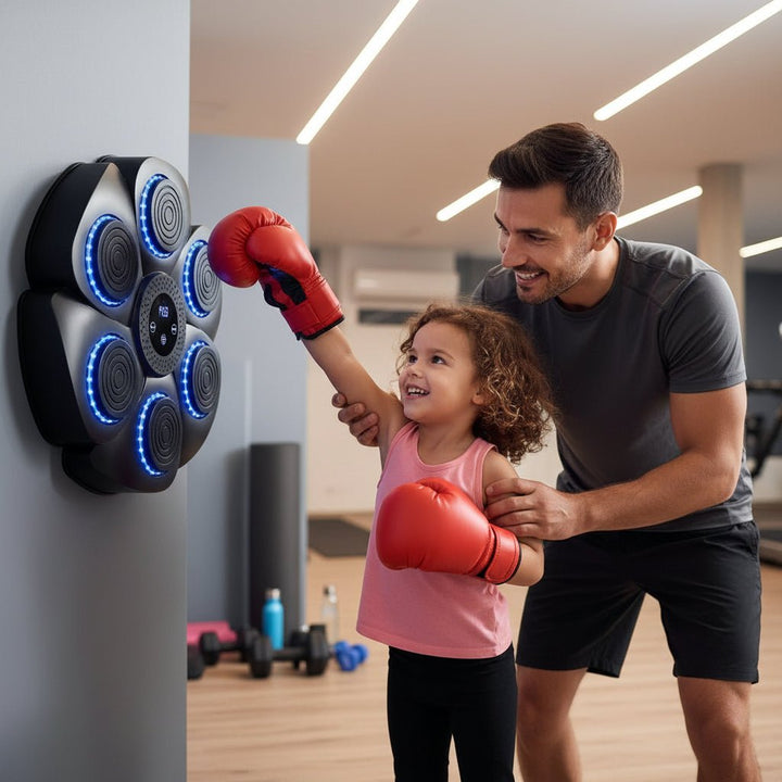 Wall-mounted smart boxing fitness equipment with Bluetooth connectivity and responsive RGB lighting.