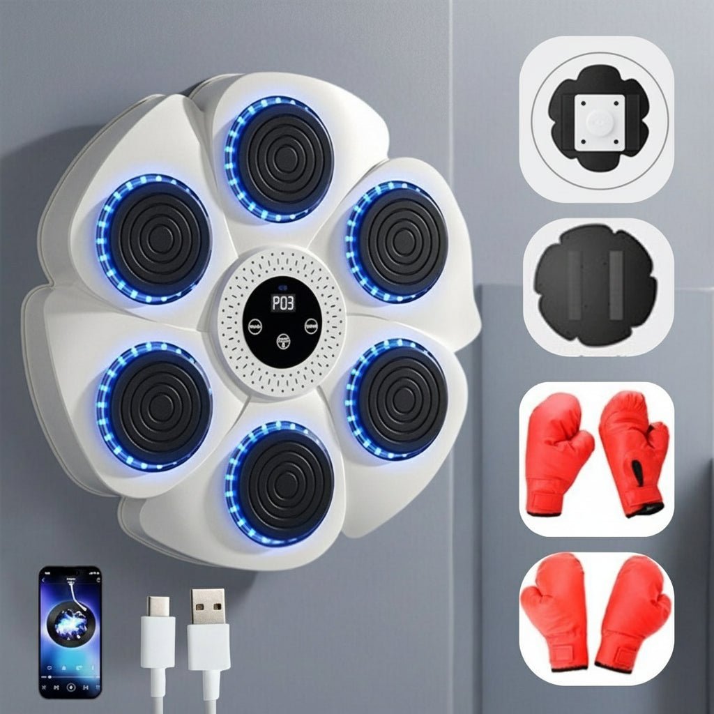 Compact smart boxing equipment for home gym, includes Bluetooth music & colorful RGB light prompts.
