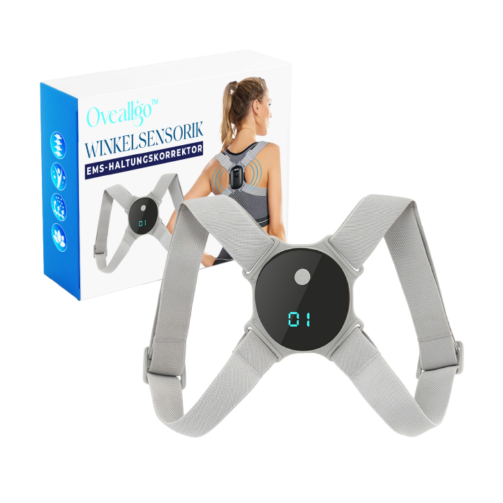 Smart EMS posture corrector for back & neck pain relief. Wearable device providing muscle stimulation for improved posture.
