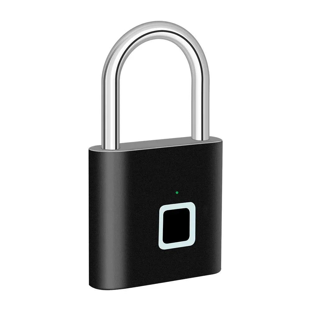 Smart fingerprint padlock, USB charging, waterproof for keyless entry & anti-theft security.