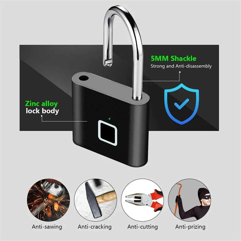 Fingerprint lock with USB charging, weather-resistant, provides keyless access & anti-theft.
