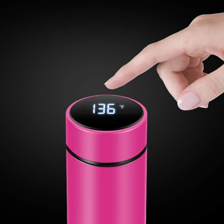 Smart insulated bottle with LED temperature display, keeps drinks hot or cold for hours.