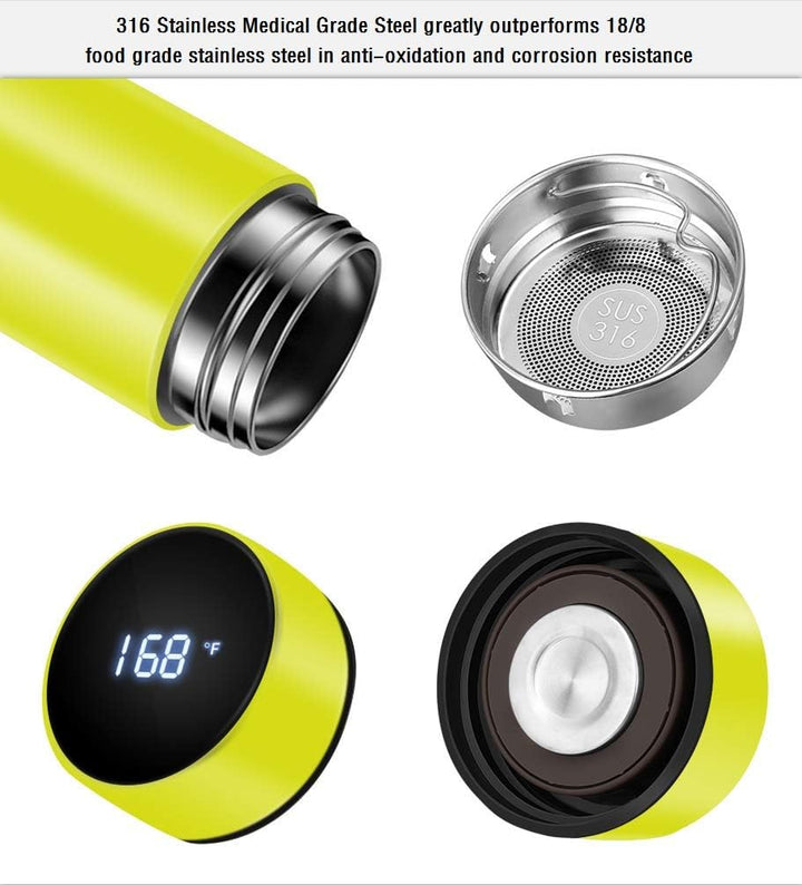 Travel-ready smart insulated bottle, vacuum sealed with LED temperature display for coffee or water.