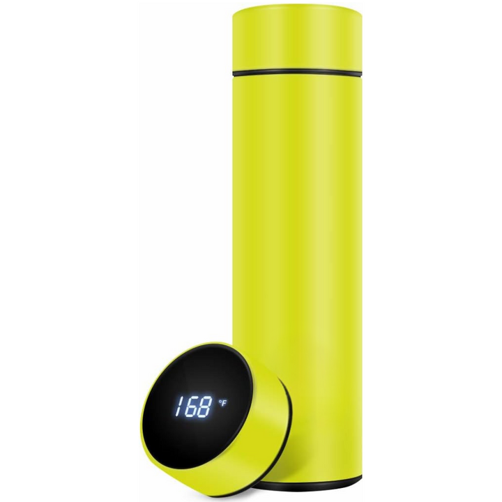 Elegant smart insulated water bottle with LED temp display, shows real-time temperature of hot or cold drinks.