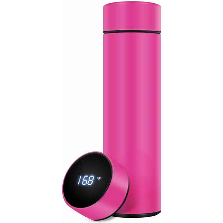 Sleek black smart insulated water bottle with bright LED temperature display, ideal for hot coffee or cold water.