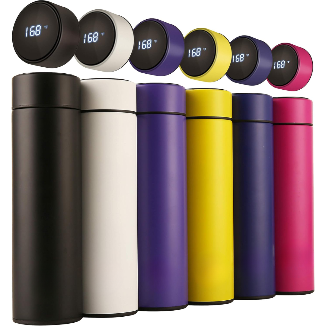 High-tech smart insulated bottle with LED temperature control, perfect for hot tea, cold water, or any beverage.