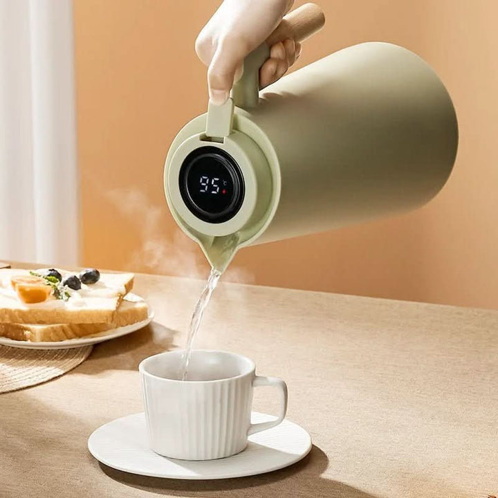 Stainless steel thermos carafe, wooden handle, digital temp display for kitchen & home.