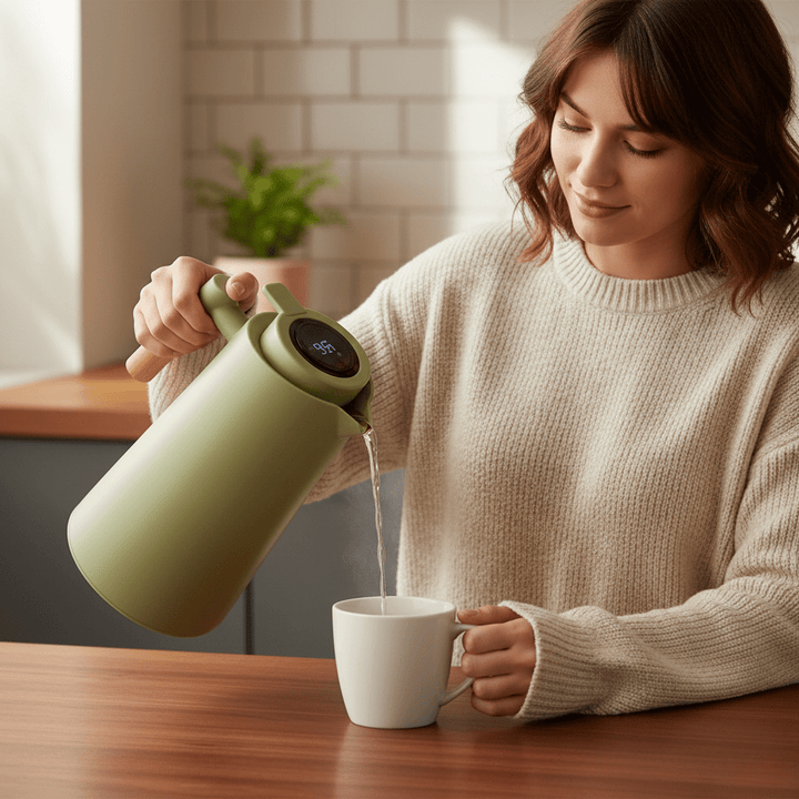 Elegant smart thermos carafe with digital display & ergonomic wooden handle for home use.