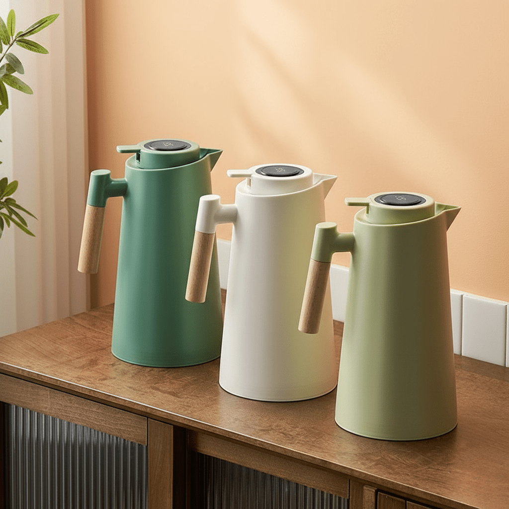 Premium insulated thermos carafe, stainless steel, accurate digital temperature display.