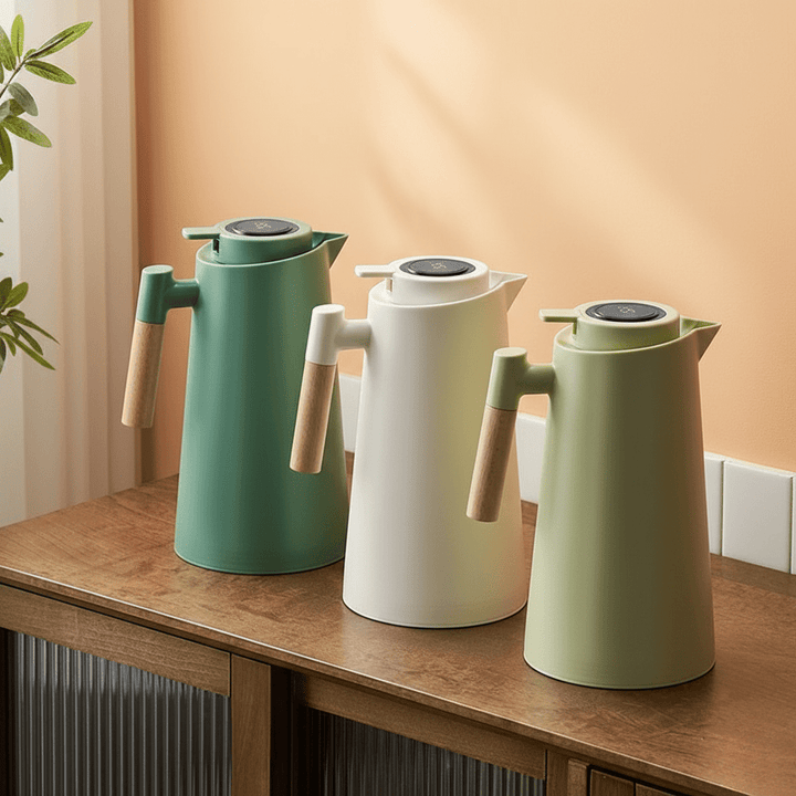 Premium insulated thermos carafe, stainless steel, accurate digital temperature display.