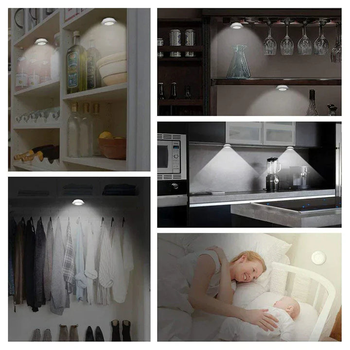 Smart LED puck lights providing warm, adjustable light under a kitchen shelf, enhancing ambiance