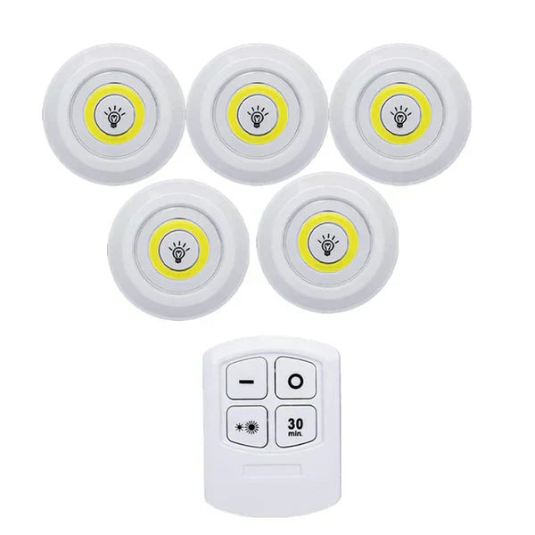Diagram showing easy installation of battery operated smart LED puck lights in various home areas