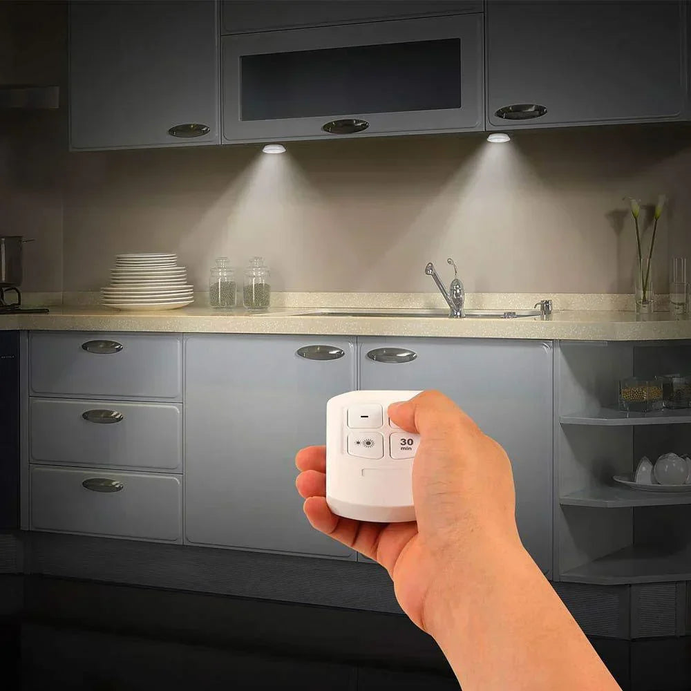 Packaging for smart LED puck lights with remote, emphasizing wireless and energy-saving features
