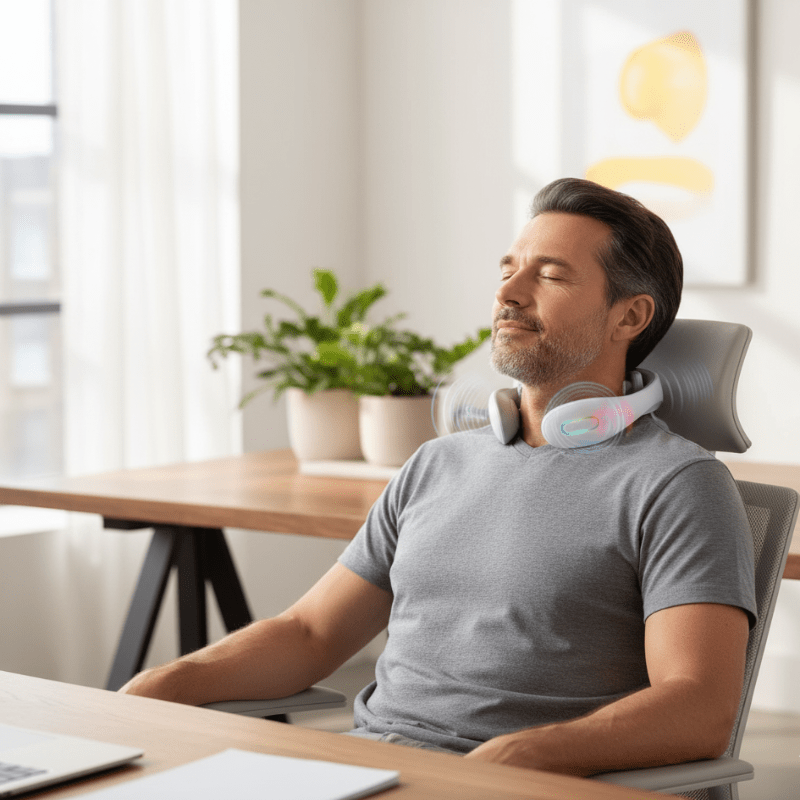 Smart neck massager with heat & vibration therapy for deep relaxation, muscle pain, and tension relief. Unisex design.