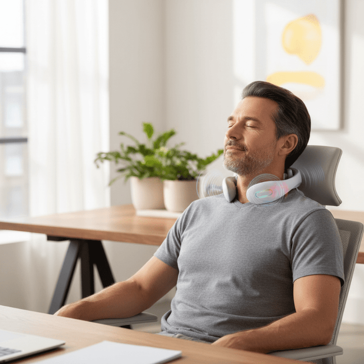 Smart neck massager with heat & vibration therapy for deep relaxation, muscle pain, and tension relief. Unisex design.