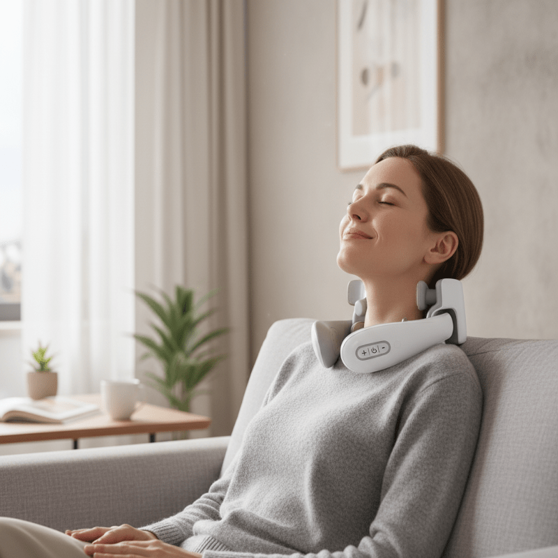Sleek smart neck massager for on-the-go deep relaxation. Features vibration & heat for pain and tension relief.