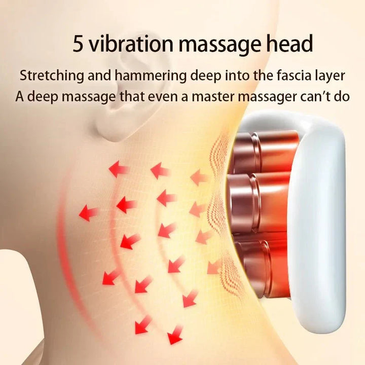 Portable smart neck massager with ergonomic design. Provides vibration & heat therapy for pain & tension relief.
