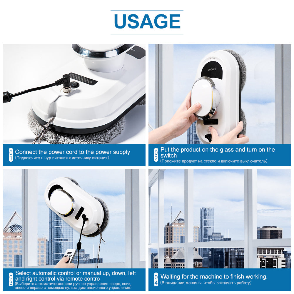 Automatic window cleaner device with remote control on a clean glass surface