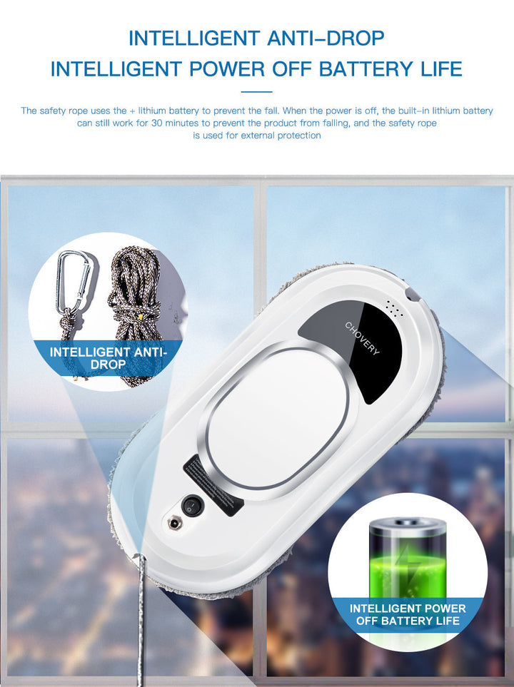 Tech gadget: smart window cleaner with remote control, next to a window frame