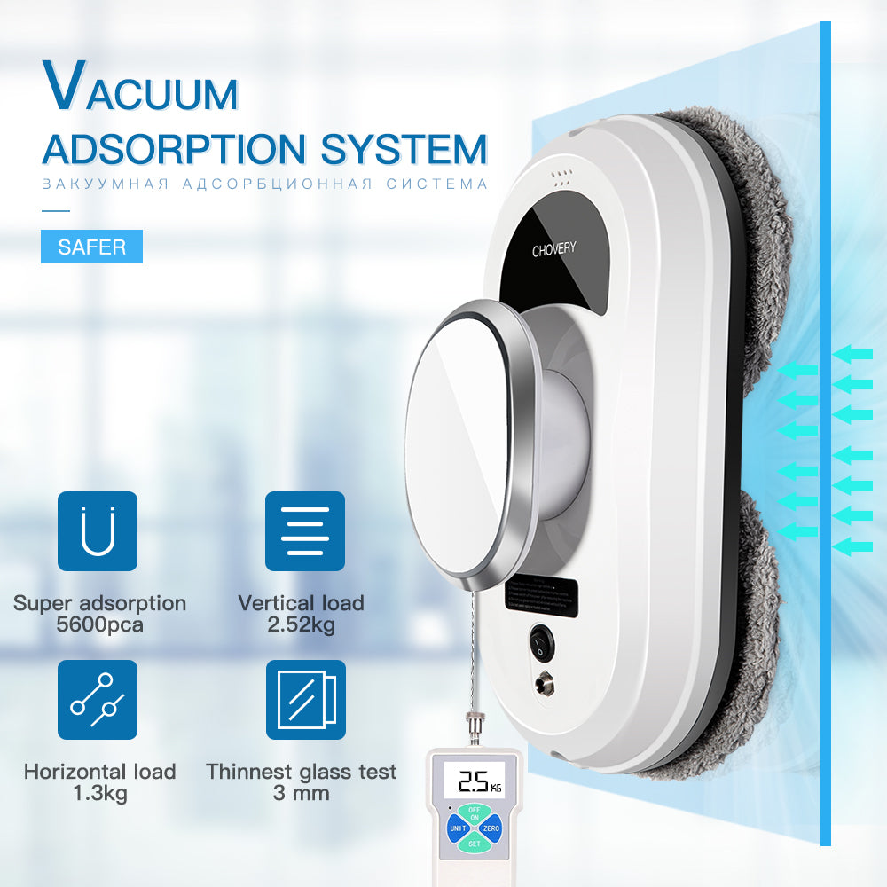 Household automatic window cleaning robot, vacuum function, shown on a high window