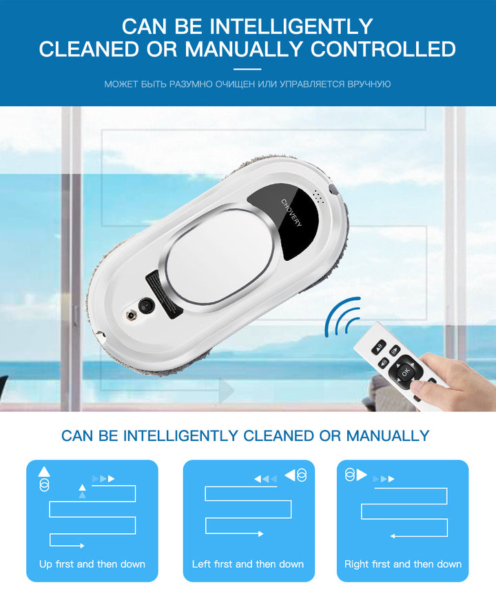 Robotic glass cleaner with remote, demonstrating its auto-cleaning efficiency
