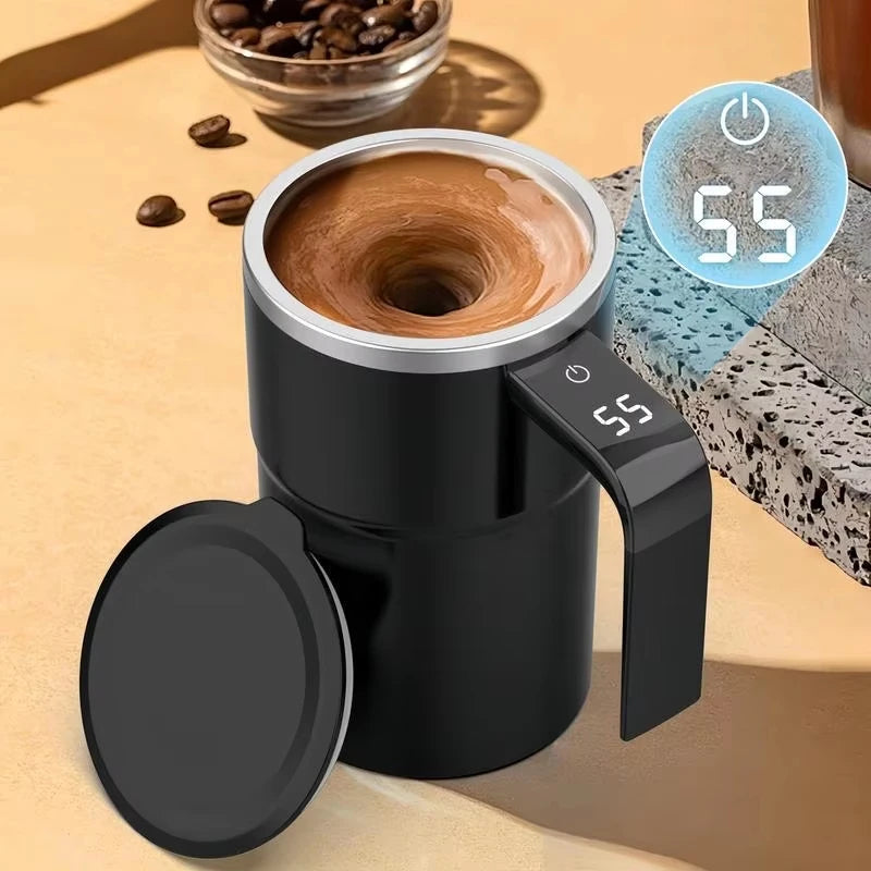 Smart self-stirring mug with digital temperature display, 12.8 fl oz capacity. Perfect for coffee, tea, or hot beverages.